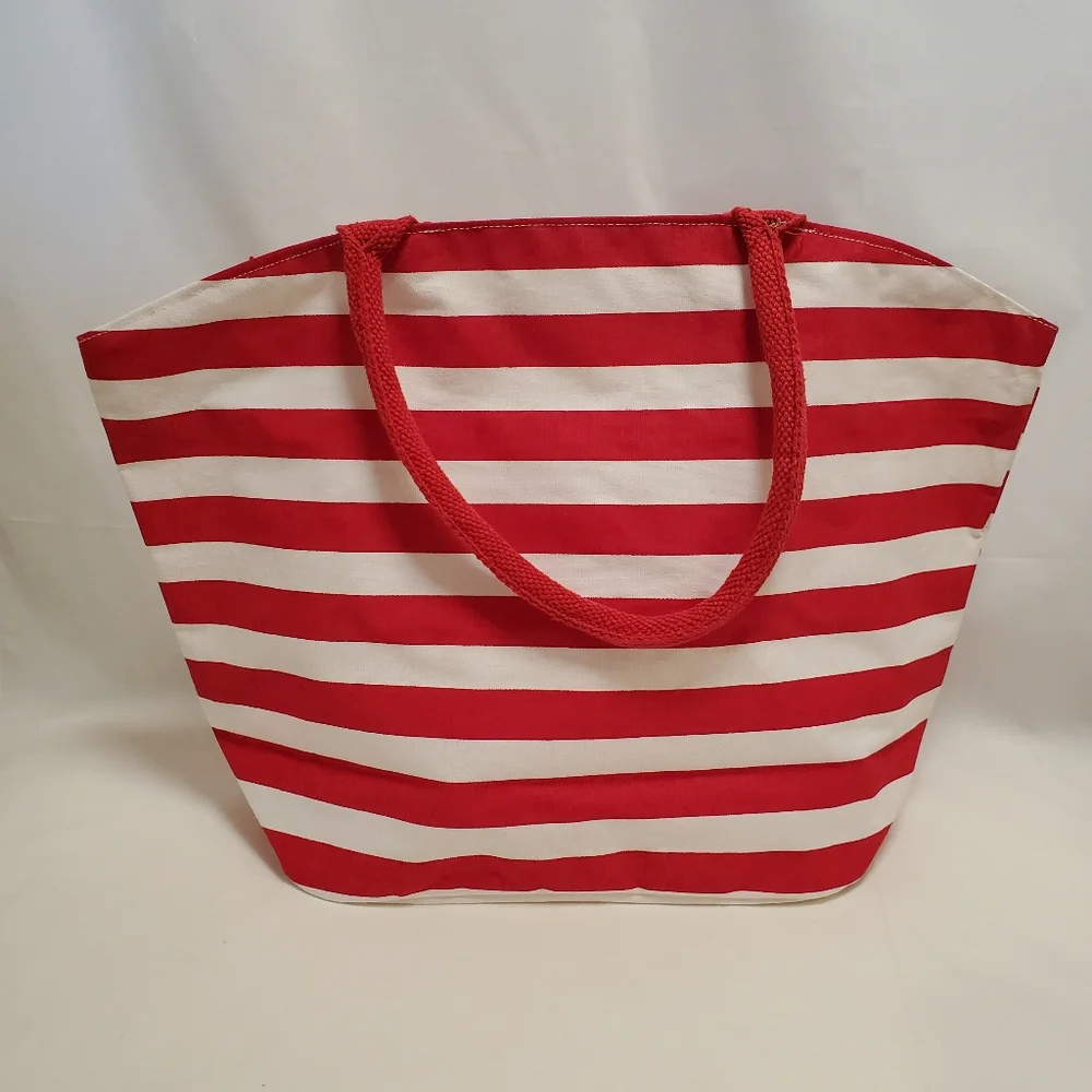 Adobe Canvas Tote Bag with Zipper Red and White Stripes - Picture 2 of 9